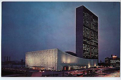 Vintage Postcard of an Evening view of The United Nations Building in New York $10.00