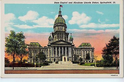 Vintage Postcard of The State Capitol and Abraham Lincoln Statue in Springfield $10.00